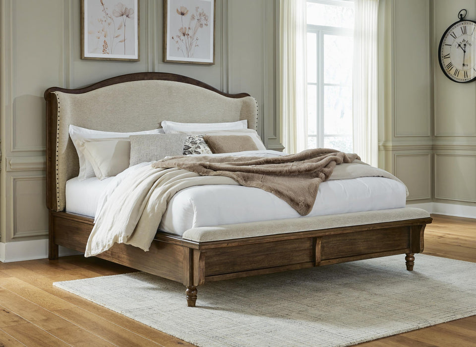 Sturlayne California King Upholstered Panel Bed, Dresser, Mirror and Nightstand