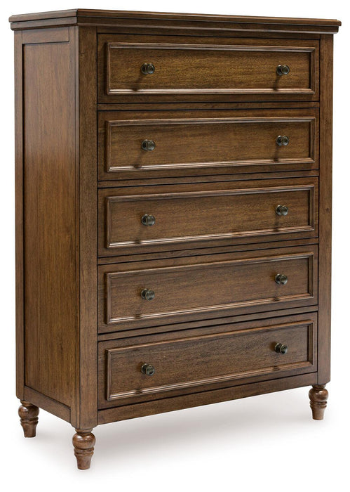 Sturlayne California King Upholstered Panel Bed, Dresser, Mirror, Chest and Nightstand