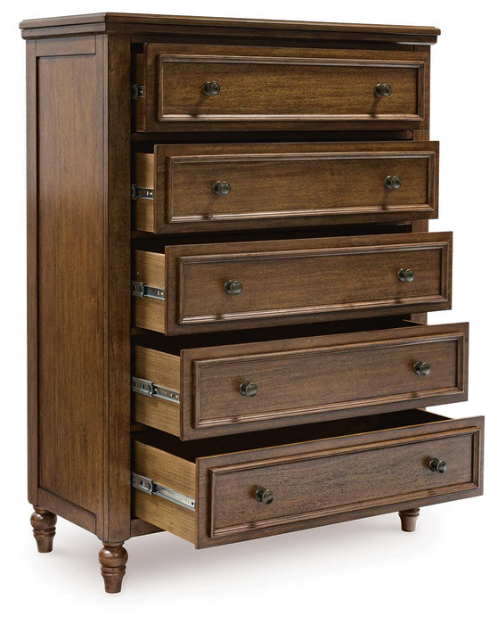 Sturlayne California King Upholstered Panel Bed, Dresser, Mirror, Chest and Nightstand