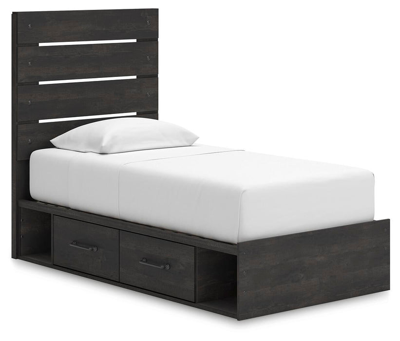 Delmorta Twin Panel Storage Bed, Dresser, Mirror and Nightstand