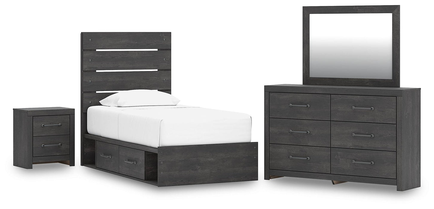 Delmorta Twin Panel Storage Bed, Dresser, Mirror and Nightstand