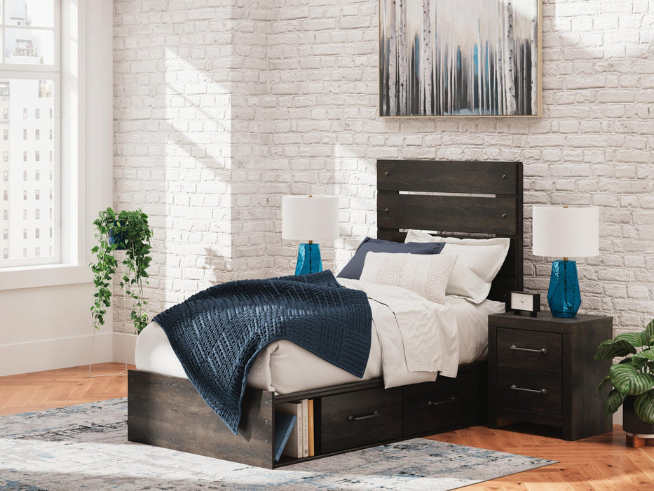 Delmorta Twin Panel Storage Bed, Dresser, Mirror and Nightstand