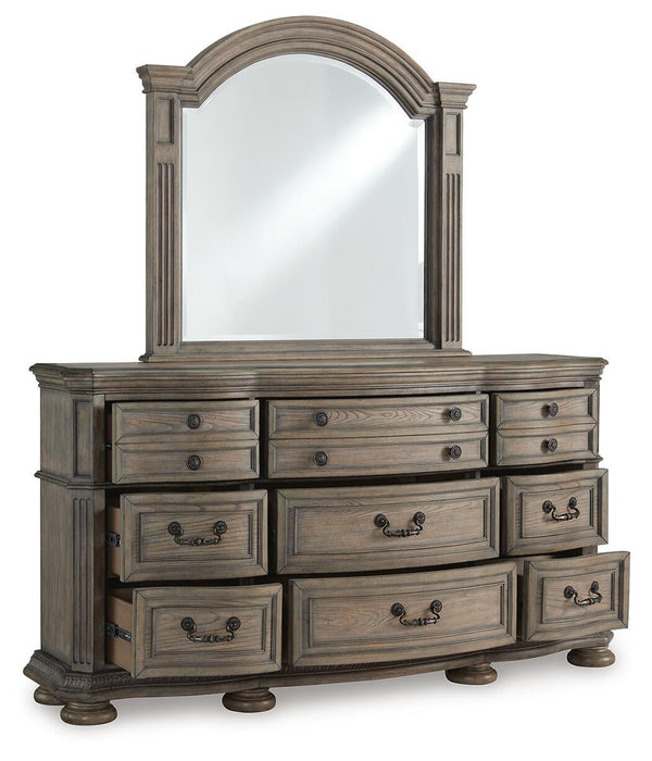 Ardenfield King Upholstered Sleigh Bed, Dresser, Mirror and Nightstand