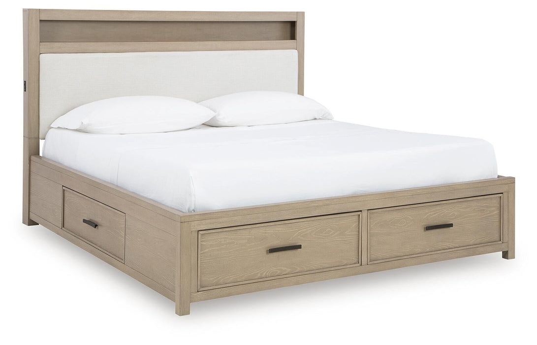 Calmoro Queen Bookcase Bed with Mirrored Dresser and Nightstand