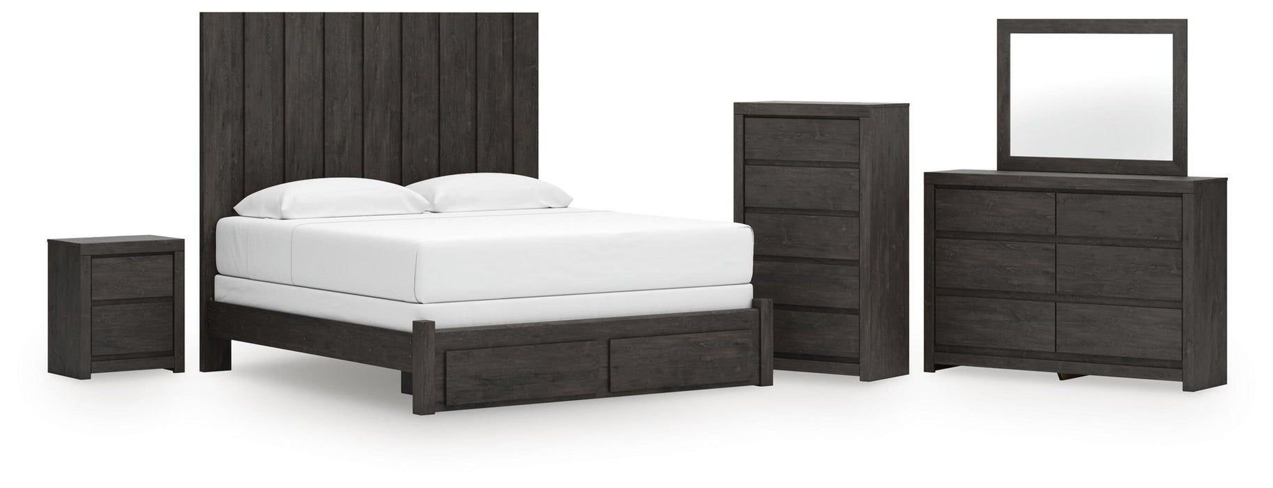 Parlayon King Panel Storage Bed, Dresser, Mirror, Chest and Nightstand