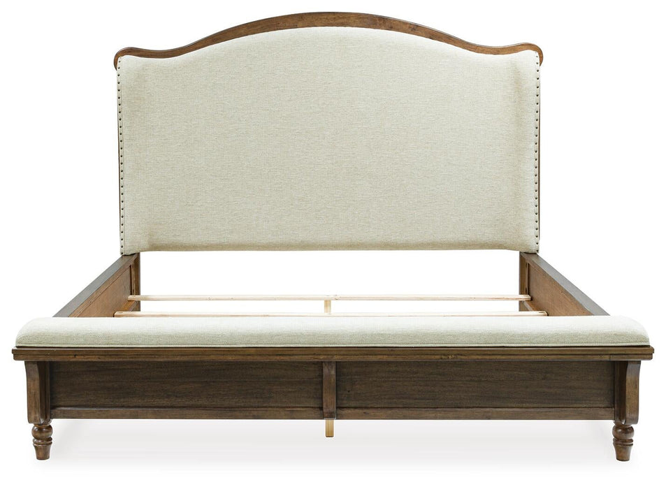 Sturlayne Queen Upholstered Panel Bed, Dresser, Mirror, Chest and Nightstand