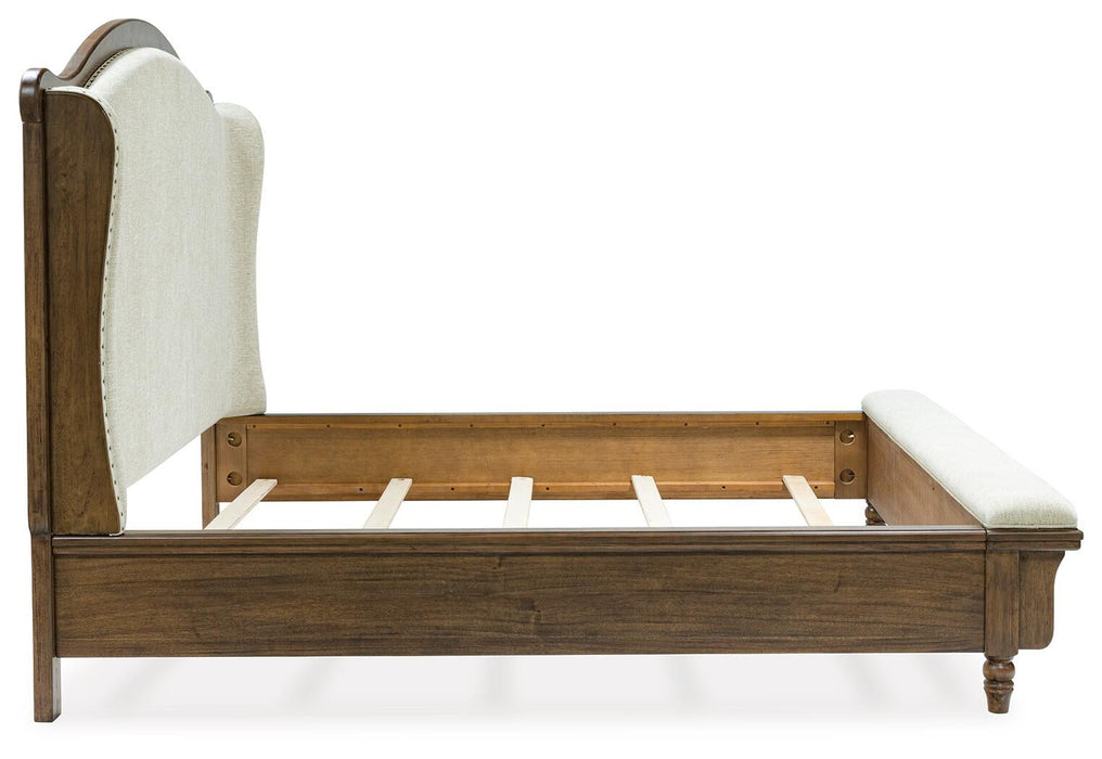 Sturlayne Queen Upholstered Panel Bed, Dresser and Mirror