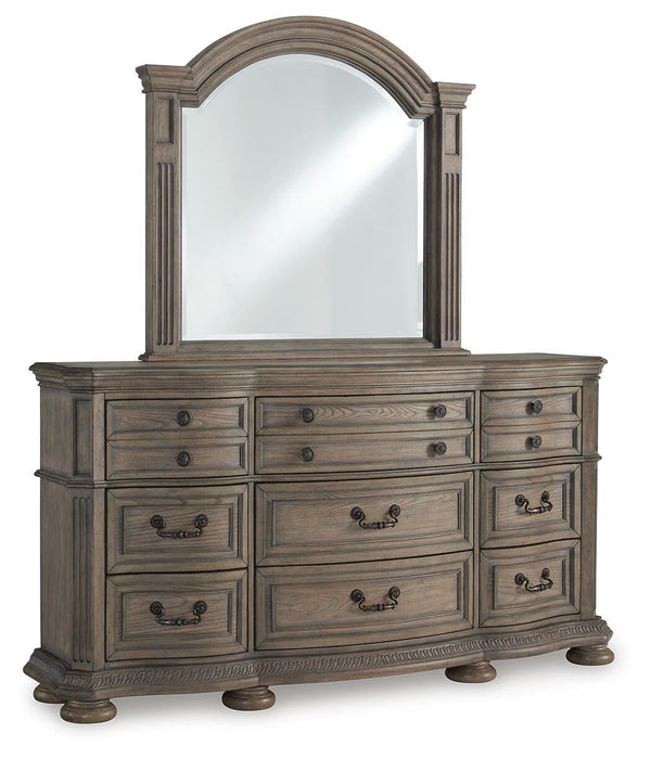 Ardenfield California King Upholstered Sleigh Bed, Dresser and Mirror