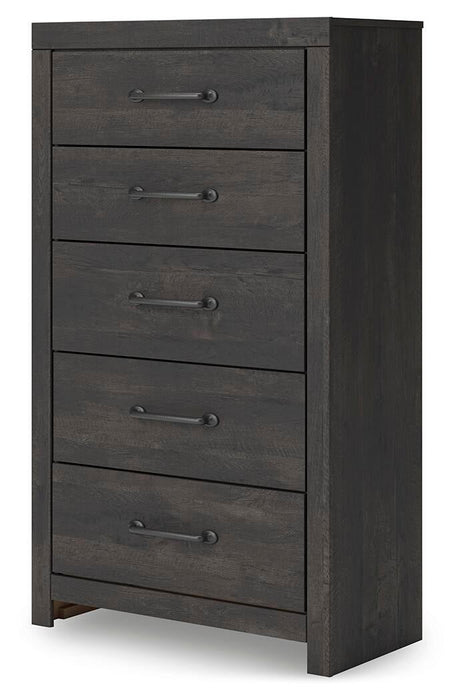 Delmorta King Panel Bed, Dresser, Mirror, Chest and Nightstand