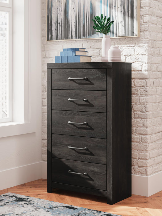 Delmorta King Panel Bed, Dresser, Mirror, Chest and Nightstand