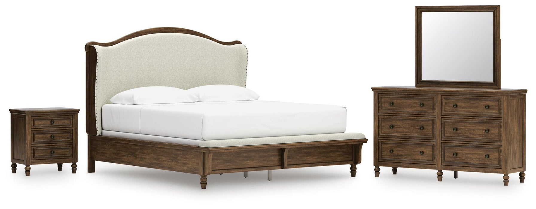 Sturlayne King Upholstered Panel Bed, Dresser, Mirror and Nightstand