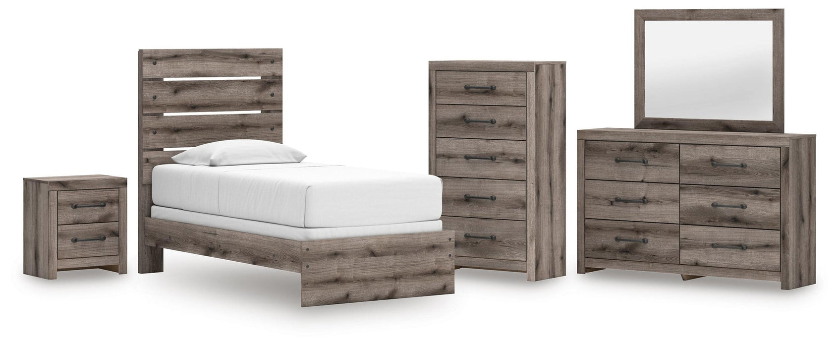 Urbanoore Twin Panel Bed, Dresser, Mirror, Chest and Nightstand