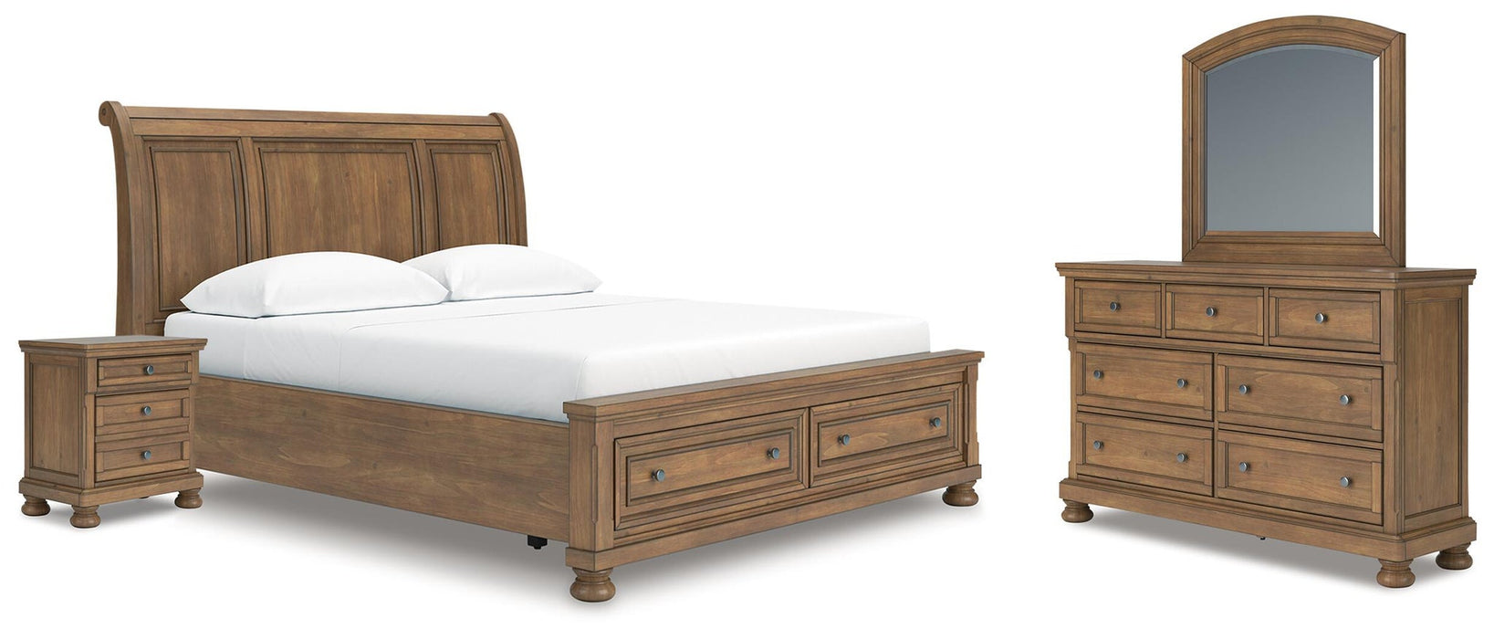 Vandenmore California King Storage Sleigh Bed with Mirrored Dresser and Nightstand