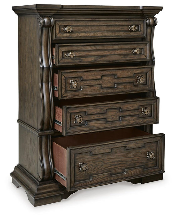 Maylee King Canopy Bed, Dresser, Mirror, Chest and Nightstand