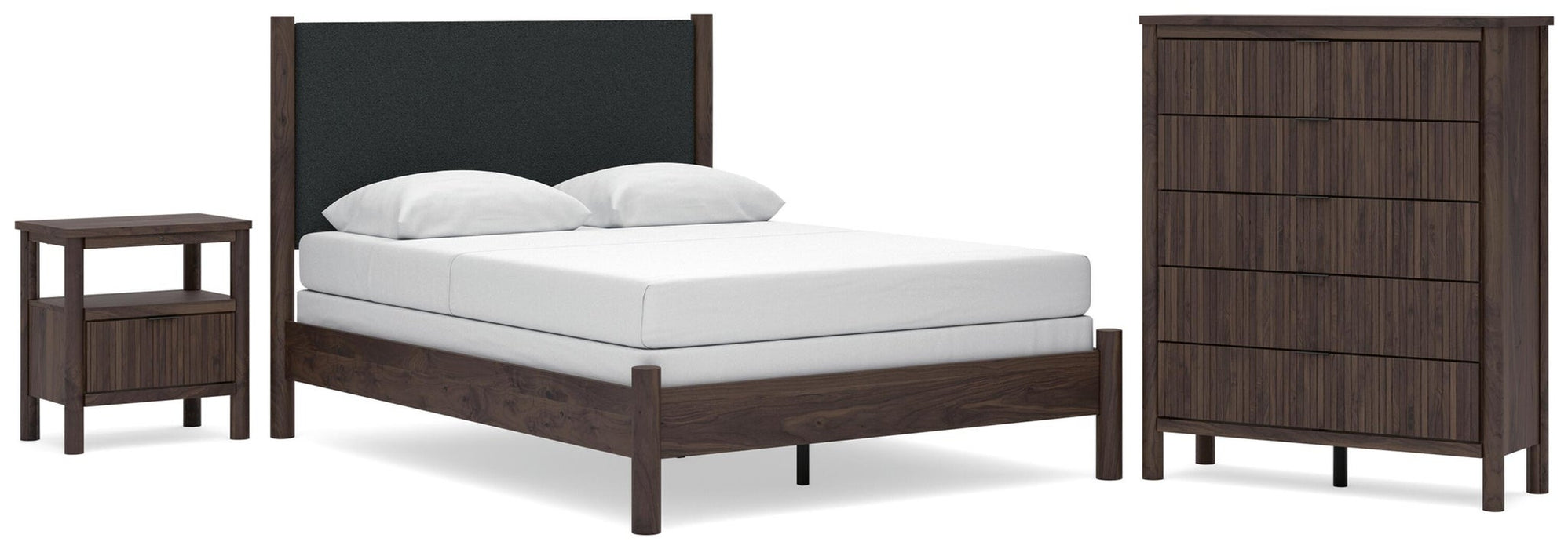 Cadmori Queen Upholstered Panel Bed, Dresser, Mirror and Nightstand