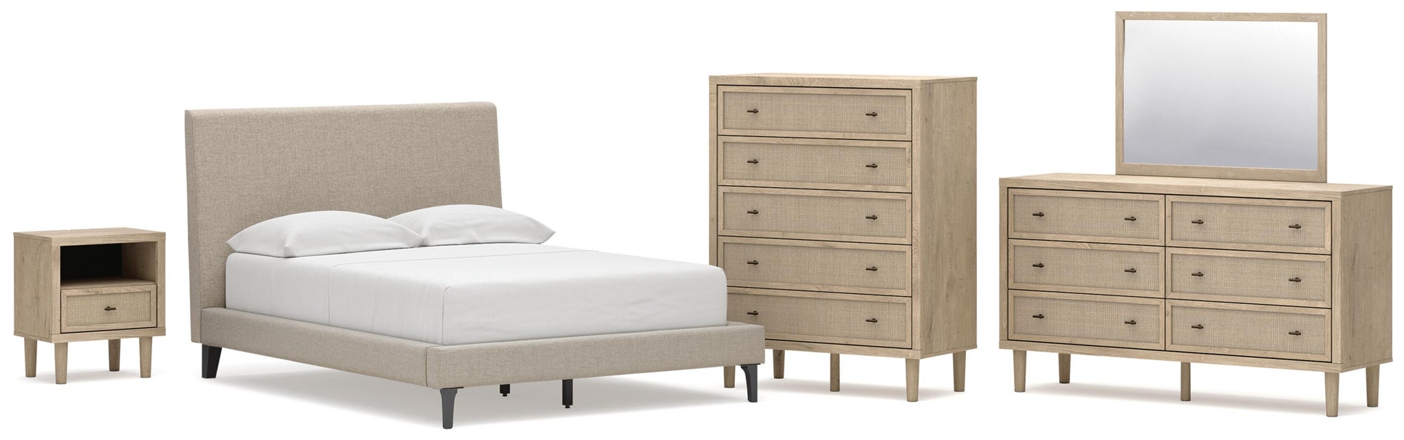 Cielden Full Upholstered Bed with Roll Slats, Dresser, Mirror, Chest and Nightstand