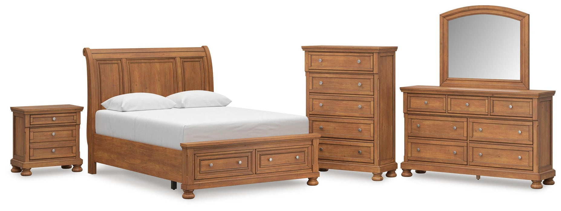 Vandenmore Queen Storage Sleigh Bed with Mirrored Dresser, Chest and Nightstand