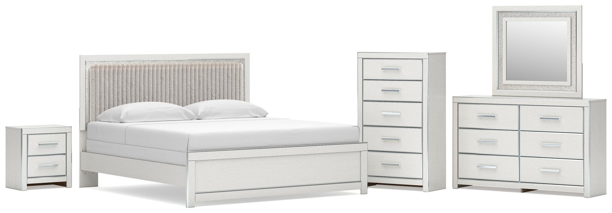 Birmonton King Upholstered Panel Bed, Dresser, Mirror, Chest and Nightstand