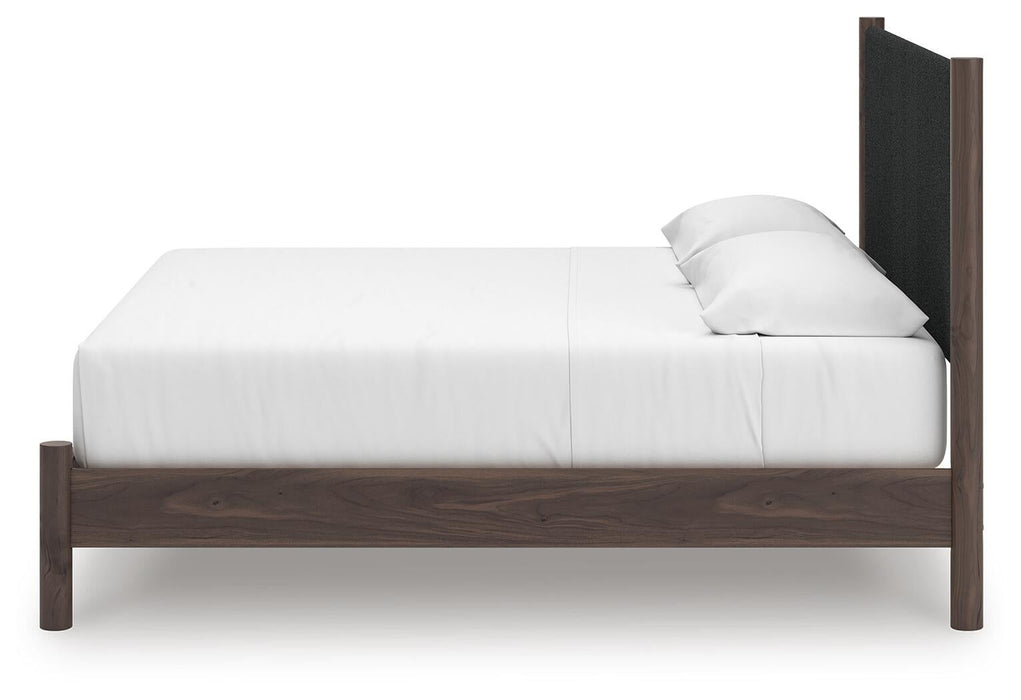 Cadmori King Upholstered Panel Platform Bed, Dresser and Mirror