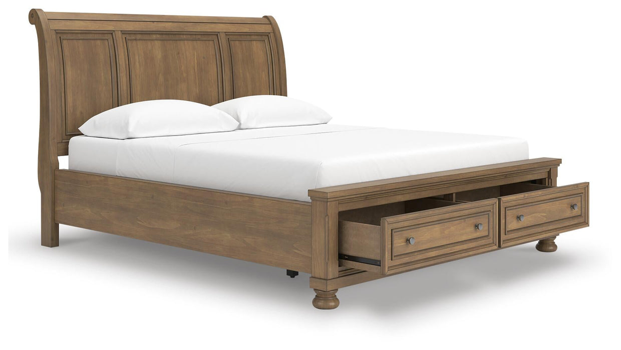 Vandenmore California King Storage Sleigh Bed with Mirrored Dresser, Chest and Nightstand