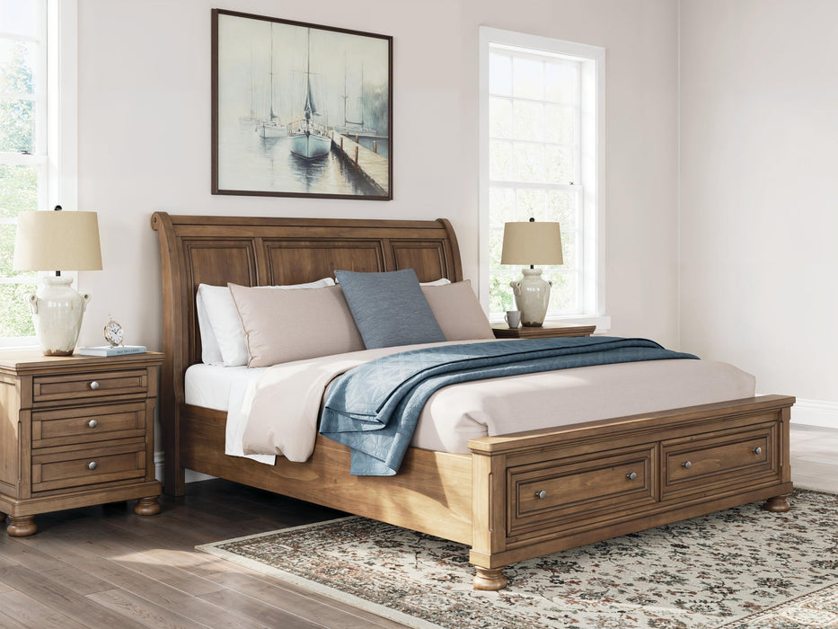 Vandenmore California King Storage Sleigh Bed with Mirrored Dresser, Chest and Nightstand