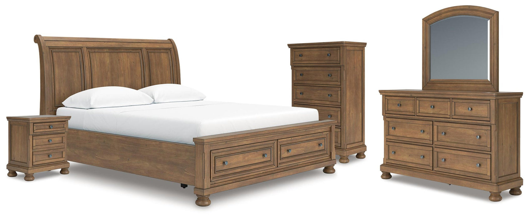 Vandenmore California King Storage Sleigh Bed with Mirrored Dresser, Chest and Nightstand