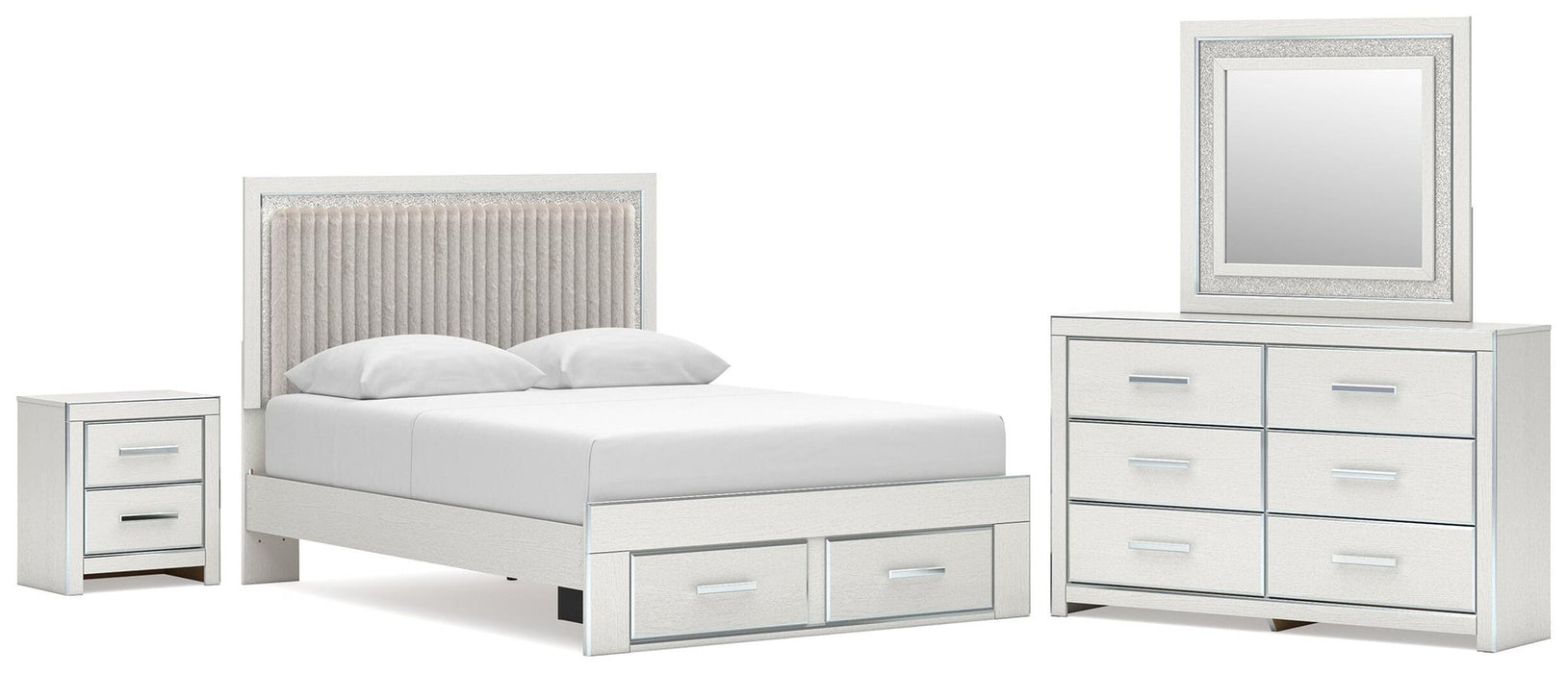 Birmonton Queen Upholstered Panel Platform Storage Bed, Dresser, Mirror and Nightstand