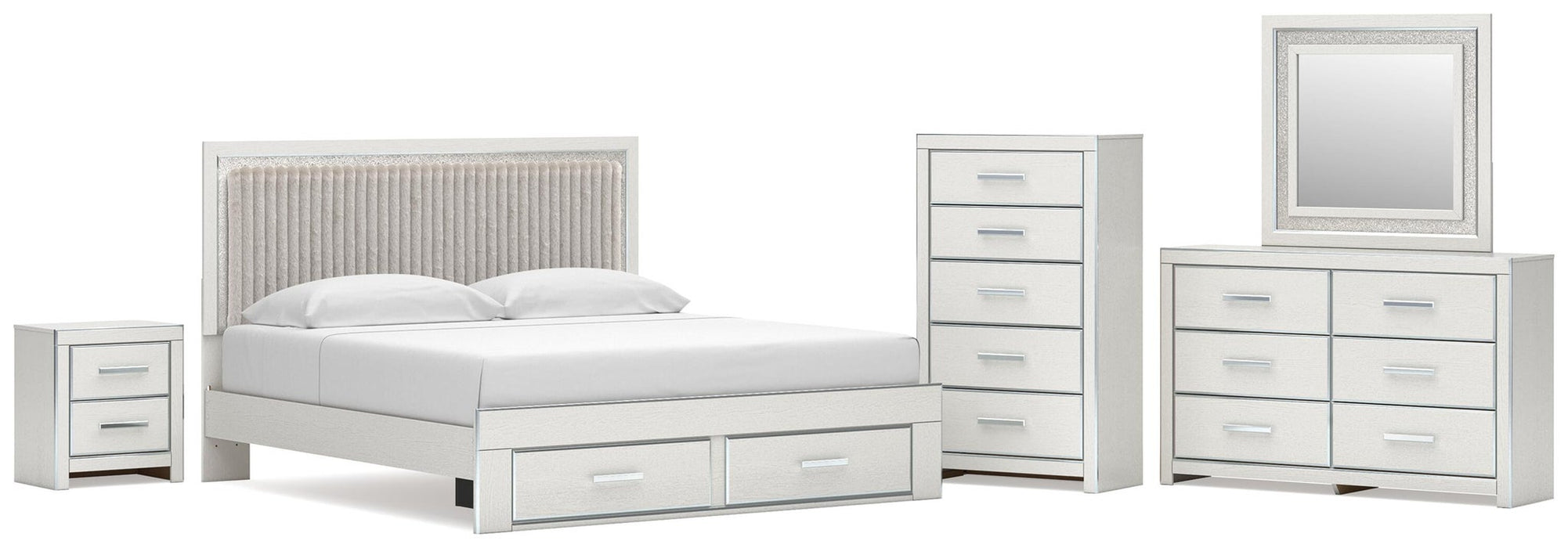 Birmonton King Upholstered Panel Platform Storage Bed, Dresser, Mirror, Chest and Nightstand