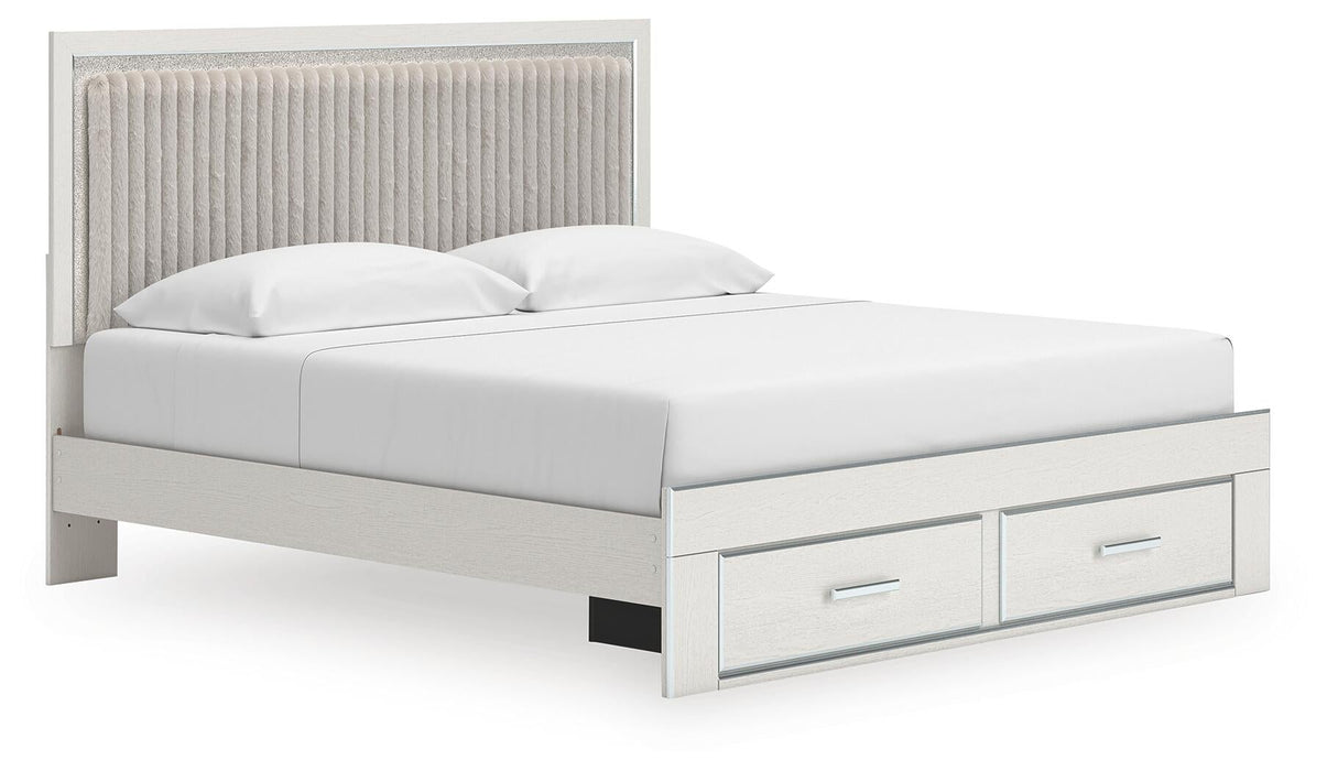 Birmonton King Upholstered Panel Platform Storage Bed, Dresser and Mirror