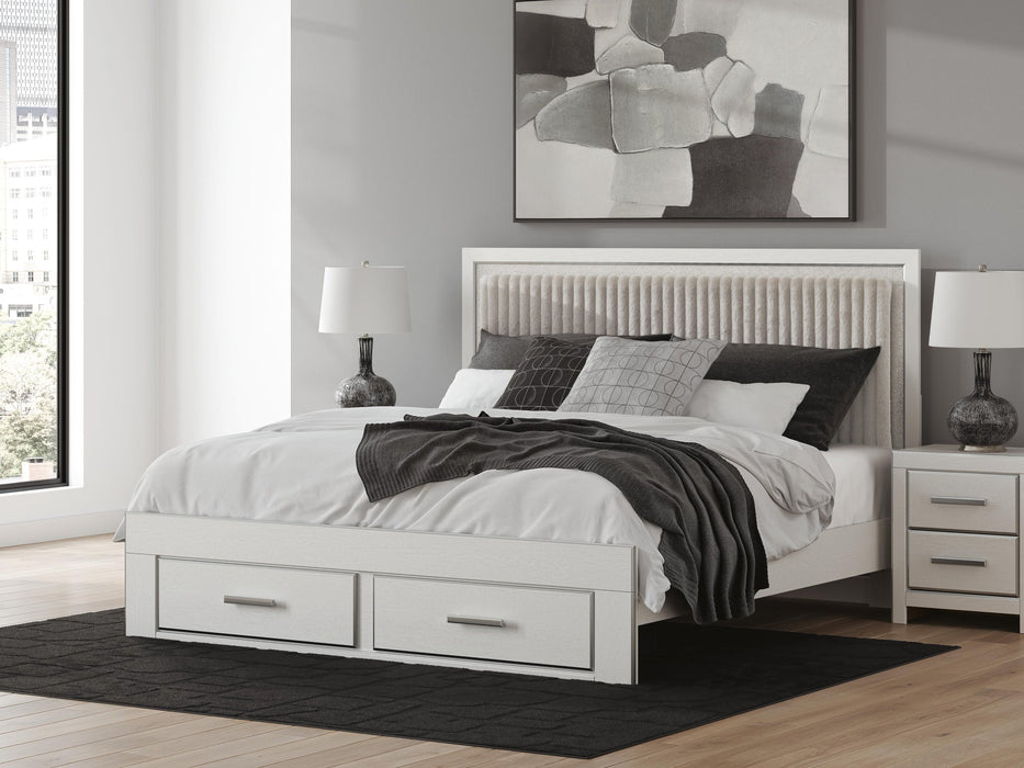 Birmonton King Upholstered Panel Platform Storage Bed, Dresser and Mirror