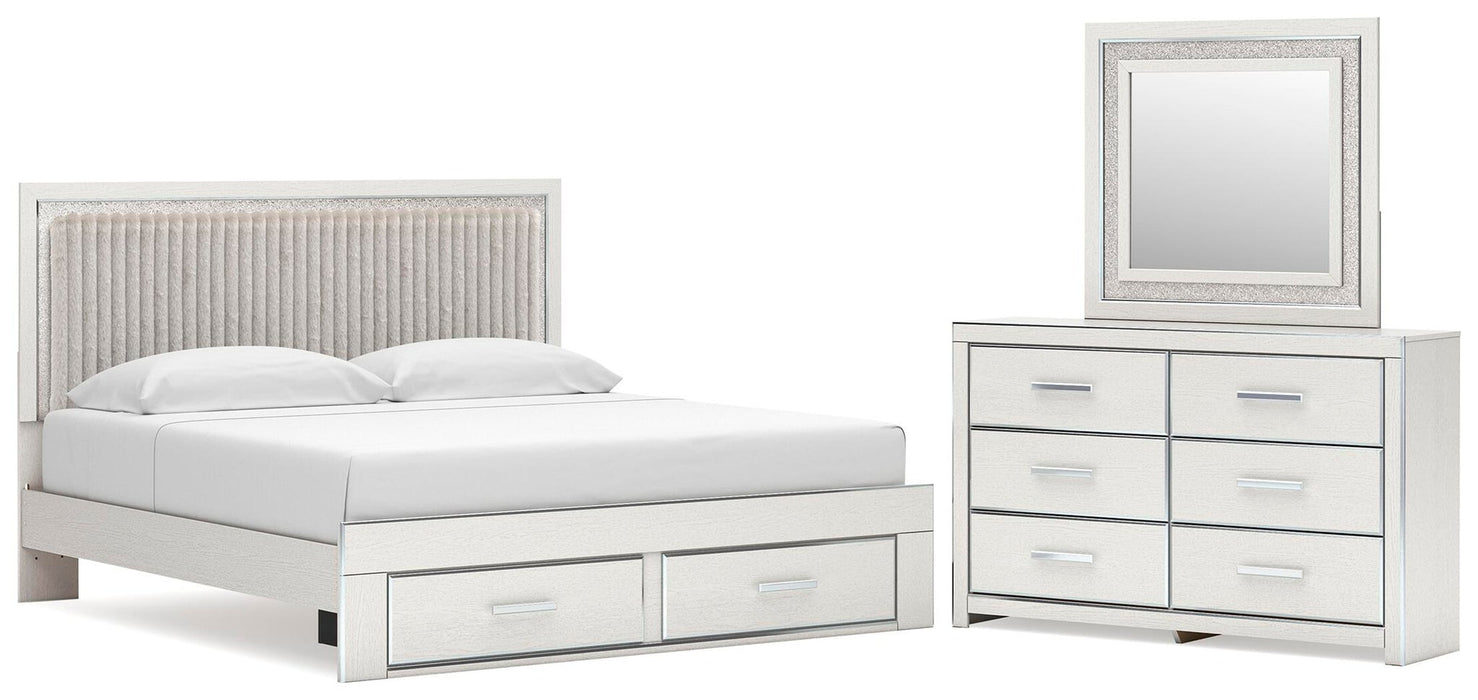 Birmonton King Upholstered Panel Platform Storage Bed, Dresser and Mirror