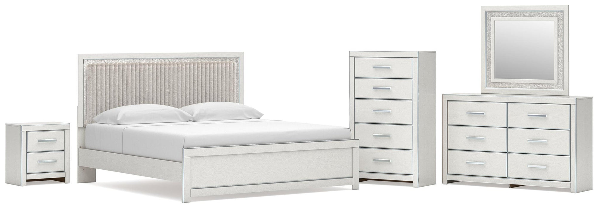 Birmonton King Upholstered Panel Platform Bed, Dresser, Mirror, Chest and Nightstand