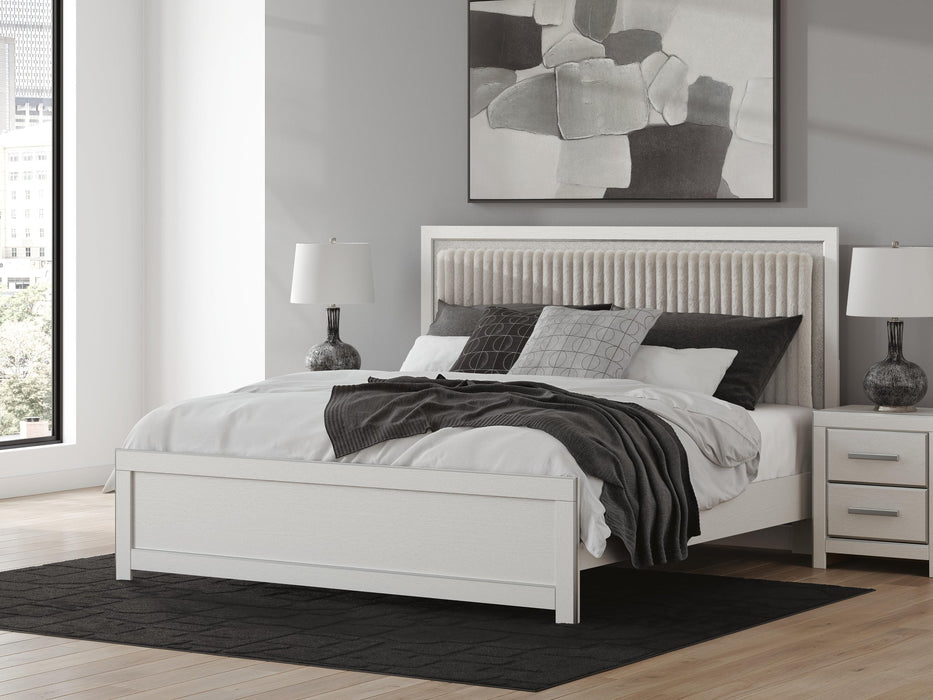 Birmonton King Upholstered Panel Platform Bed, Dresser, Mirror and Nightstand