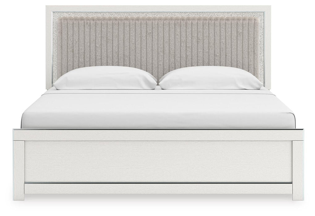 Birmonton King Upholstered Panel Platform Bed, Dresser and Mirror
