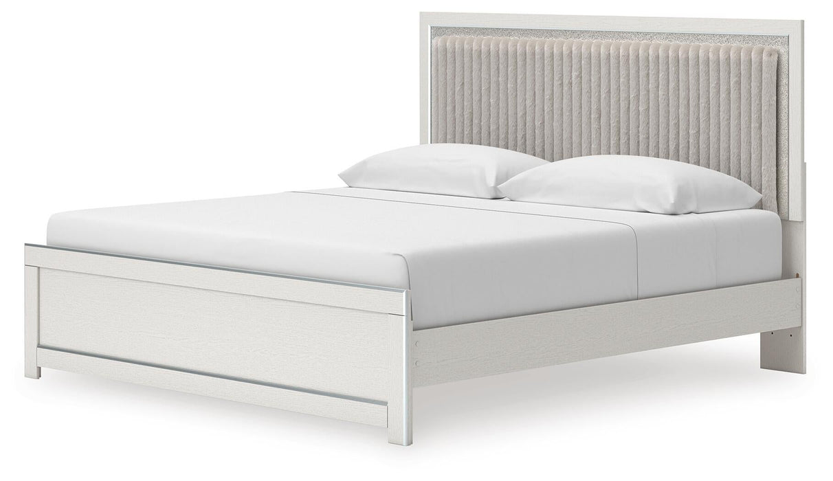 Birmonton King Upholstered Panel Platform Bed, Dresser and Mirror