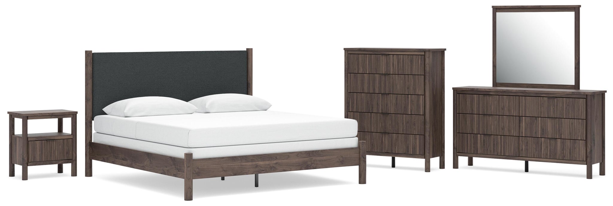 Cadmori King Upholstered Panel Bed, Dresser, Mirror, Chest and Nightstand