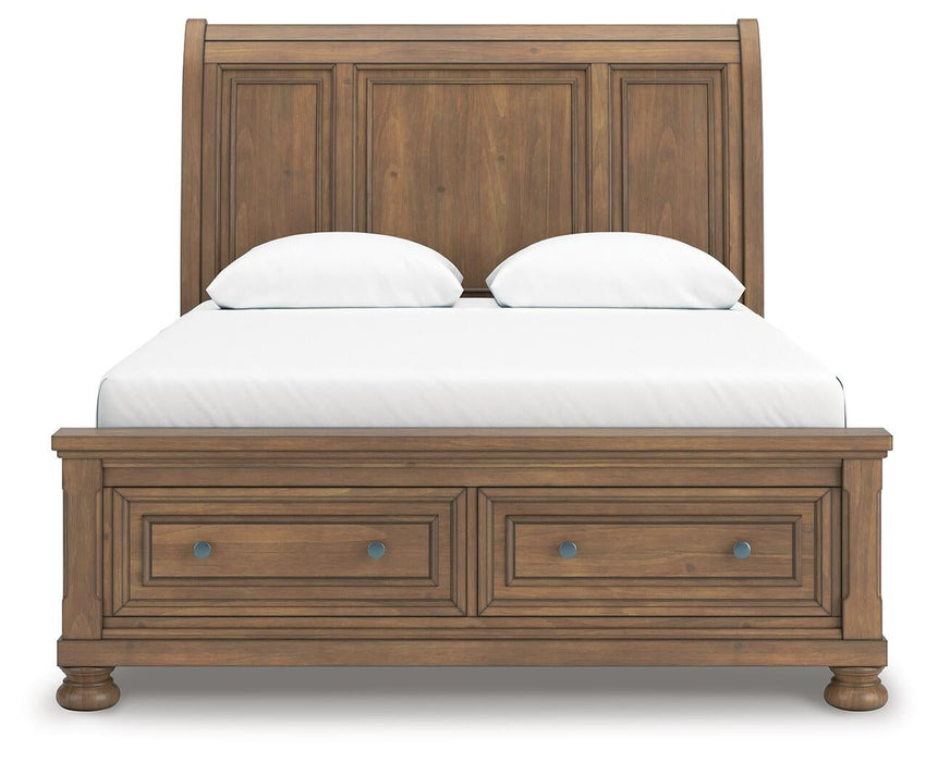 Vandenmore Queen Storage Sleigh Bed with Mirrored Dresser and Nightstand