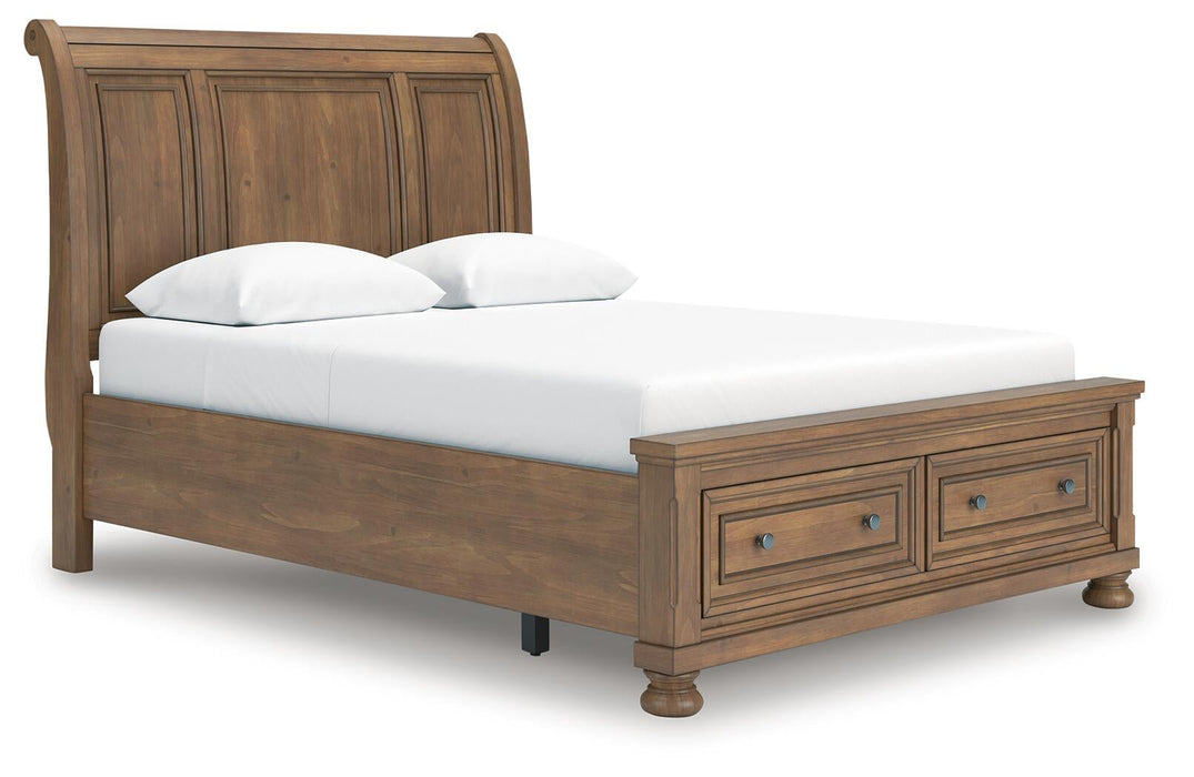 Vandenmore Queen Storage Sleigh Bed with Mirrored Dresser and Nightstand