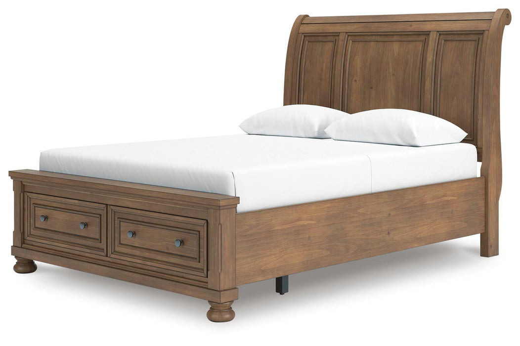 Vandenmore Queen Storage Sleigh Bed with Mirrored Dresser and Nightstand