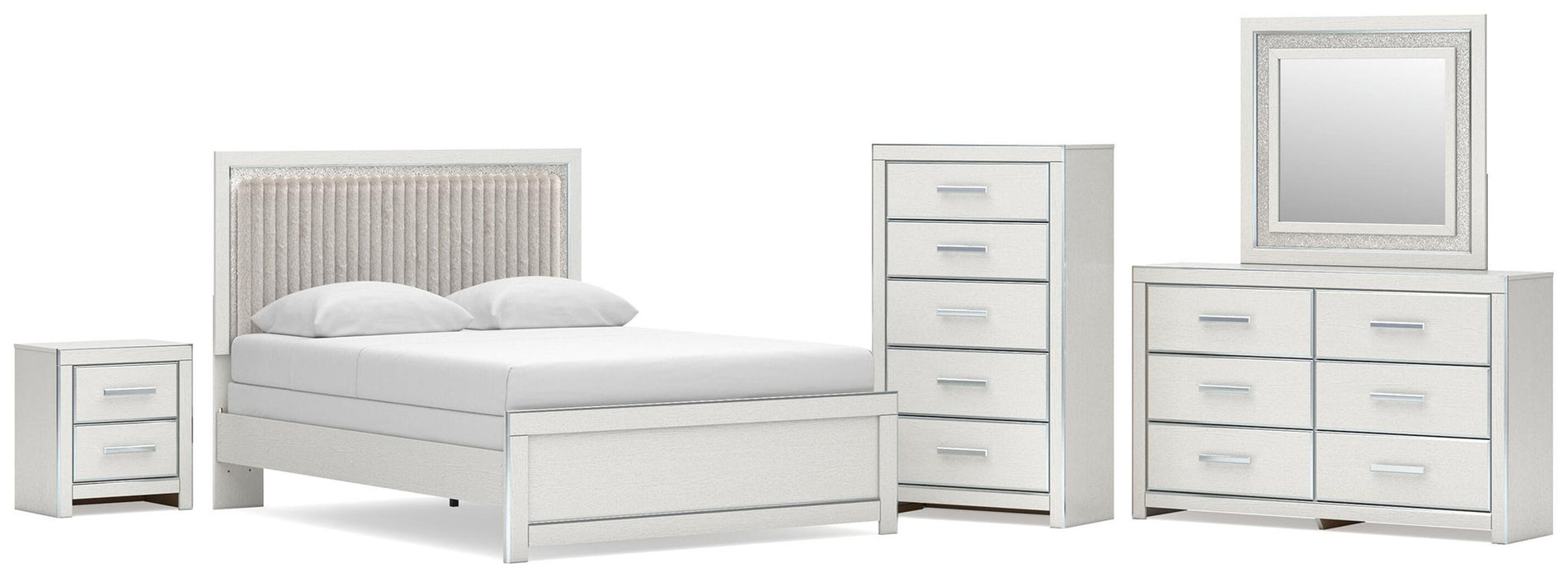 Birmonton Queen Upholstered Panel Bed, Dresser, Mirror, Chest and Nightstand