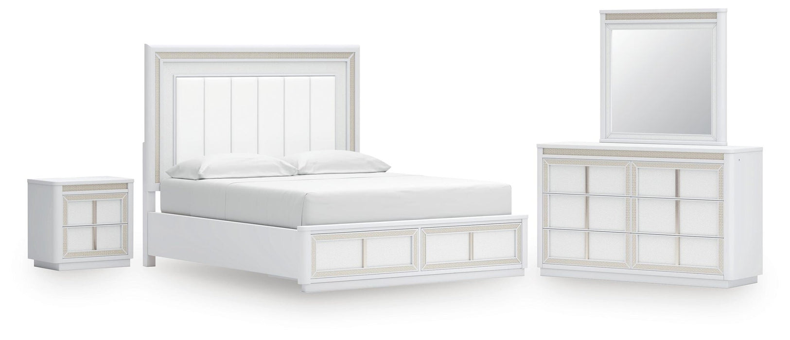 Chalanna California King Upholstered Storage Bed, Dresser, Mirror and Nightstand