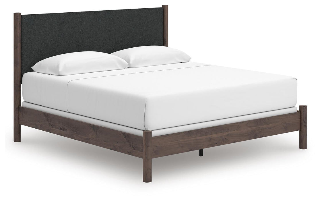 Cadmori King Upholstered Panel Bed, Dresser, Mirror and Nightstand
