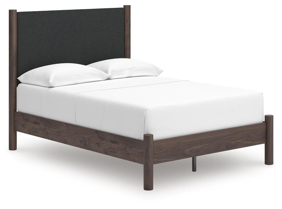 Cadmori Full Upholstered Panel Platform Bed, Dresser and Mirror