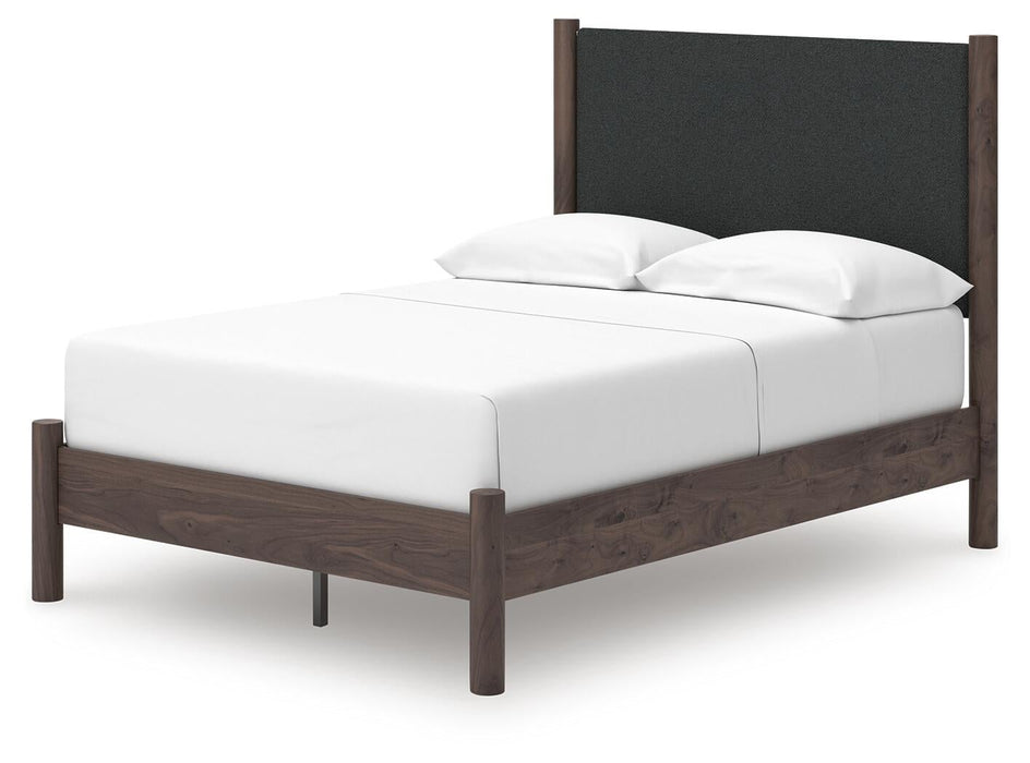 Cadmori Full Upholstered Panel Platform Bed, Dresser and Mirror
