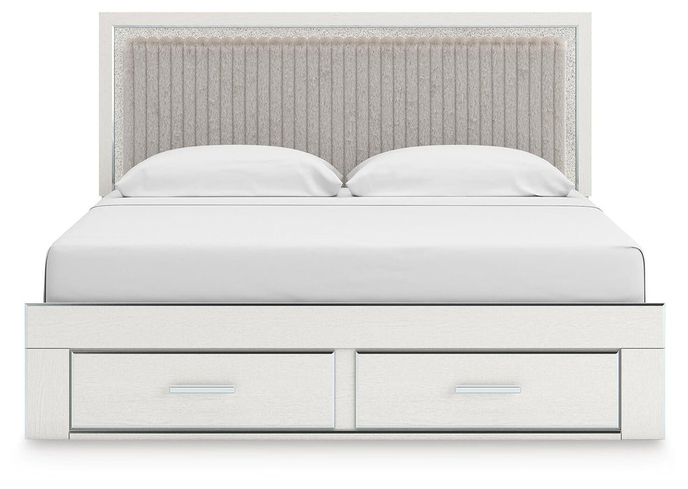 Birmonton King Upholstered Panel Platform Storage Bed, Dresser, Mirror and Nightstand