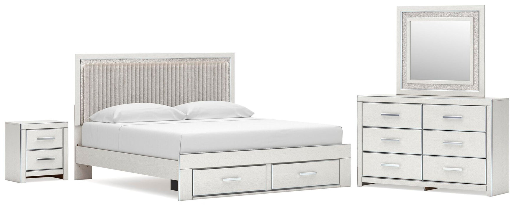 Birmonton King Upholstered Panel Platform Storage Bed, Dresser, Mirror and Nightstand