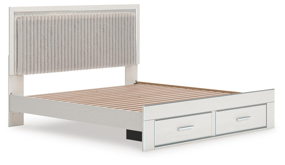 Birmonton King Upholstered Panel Platform Storage Bed, Dresser, Mirror and Nightstand
