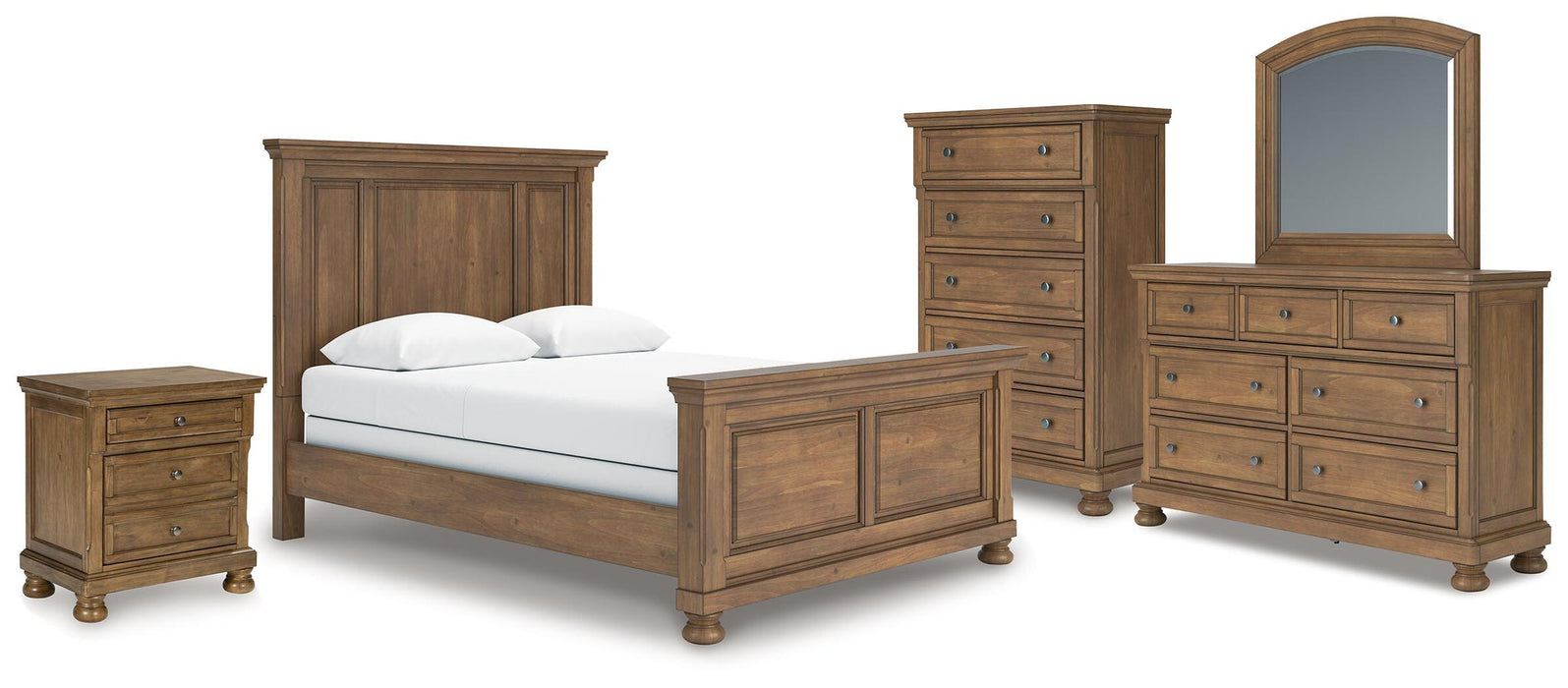 Vandenmore Queen Panel Bed with Mirrored Dresser, Chest and Nightstand