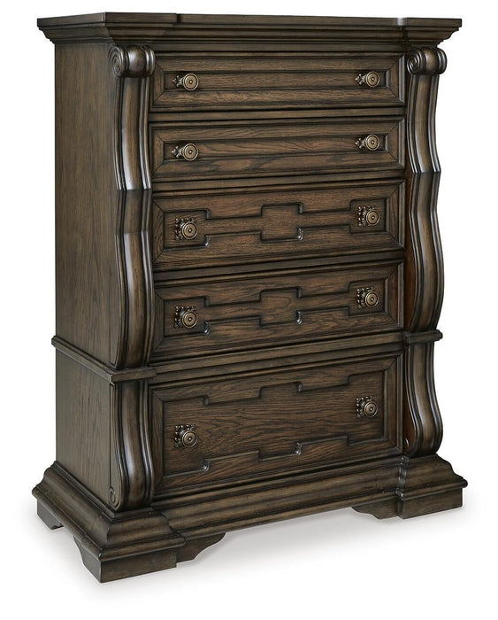 Maylee Queen Canopy Bed, Dresser, Mirror, Chest and Nightstand