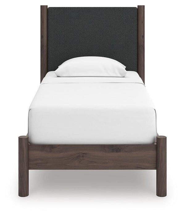 Cadmori Twin Upholstered Panel Platform Bed, Dresser, Mirror and Nightstand